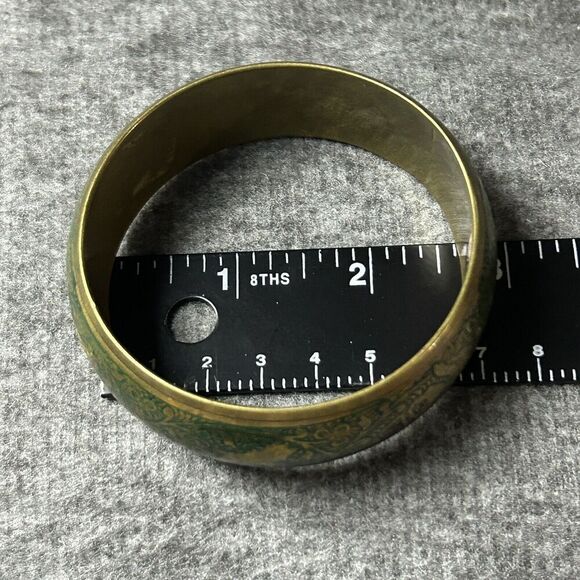 Vintage Brass Bangle Bracelet Etched Elephant  Tiger Green Enamel Made In India‎ - Picture 12 of 14